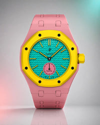 Pink link strap and case on an AP x Swatch Royal Pop Otg Roz, front view