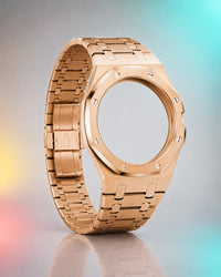 WatchCollab gold steel bracelet and octagonal case for the Royal Pop Otg Roz, shown without the watch