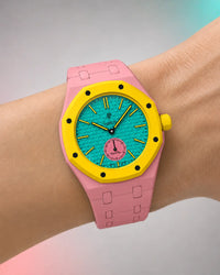Pink link strap for the AP x Swatch Royal Pop Otg Roz worn on the wrist | WatchCollab
