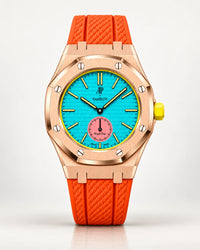 AP x Swatch Royal Pop Otg Roz with rose gold case and orange canvas strap