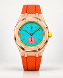 AP x Swatch Royal Pop Otg Roz with rose gold case and orange canvas strap