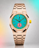 AP x Swatch Royal Pop Otg Roz on the WatchCollab gold steel bracelet and case, front view