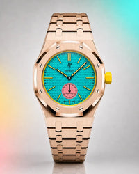 AP x Swatch Royal Pop Otg Roz on the WatchCollab gold steel bracelet and case, front view