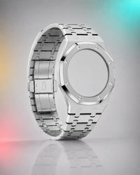 WatchCollab silver steel bracelet and octagonal case for the Royal Pop Otg Roz, shown without the watch