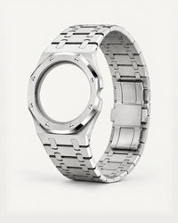 WatchCollab silver steel bracelet and octagonal case for the Royal Pop Otg Roz, shown without the watch