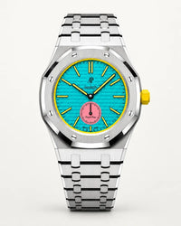 AP x Swatch Royal Pop Otg Roz on the WatchCollab silver steel bracelet and case, front view