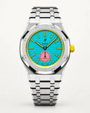 AP x Swatch Royal Pop Otg Roz on the WatchCollab silver steel bracelet and case, front view