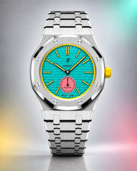 AP x Swatch Royal Pop Otg Roz on the WatchCollab silver steel bracelet and case, front view