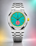 AP x Swatch Royal Pop Otg Roz on the WatchCollab silver steel bracelet and case, front view