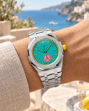 Royal Pop Otg Roz worn on the wrist with the WatchCollab silver steel integrated bracelet