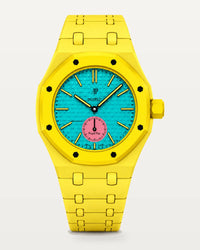 Yellow link strap and case for the AP x Swatch Royal Pop Otg Roz, front view | WatchCollab