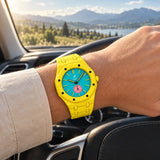 Yellow link strap for the AP x Swatch Royal Pop Otg Roz worn on the wrist | WatchCollab
