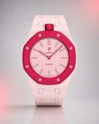 Sand pink link strap and case on an AP x Swatch Royal Pop Otto Rosso, front view