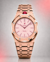 AP x Swatch Royal Pop Otto Rosso on the WatchCollab gold steel bracelet and case, front view