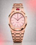AP x Swatch Royal Pop Otto Rosso on the WatchCollab gold steel bracelet and case, front view