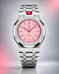 AP x Swatch Royal Pop Otto Rosso on the WatchCollab silver steel bracelet and case, front view