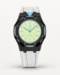 White textile-effect strap for AP x Swatch Royal Pop Blaue Acht, black case (crown at 12 o'clock)