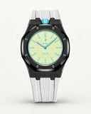 White textile-effect strap for AP x Swatch Royal Pop Blaue Acht, black case (crown at 12 o'clock)
