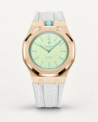 White textile-effect strap for AP x Swatch Royal Pop Blaue Acht, rose gold case (crown at 12 o'clock)