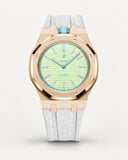 White textile-effect strap for AP x Swatch Royal Pop Blaue Acht, rose gold case (crown at 12 o'clock)