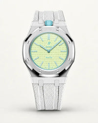 White textile-effect strap for AP x Swatch Royal Pop Blaue Acht, silver case (crown at 12 o'clock)