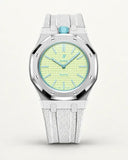White textile-effect strap for AP x Swatch Royal Pop Blaue Acht, silver case (crown at 12 o'clock)