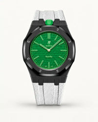 White textile-effect strap for AP x Swatch Royal Pop Green Eight, black case (crown at 12 o'clock)