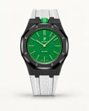 White textile-effect strap for AP x Swatch Royal Pop Green Eight, black case (crown at 12 o'clock)
