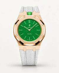White textile-effect strap for AP x Swatch Royal Pop Green Eight, rose gold case (crown at 12 o'clock)