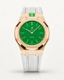 White textile-effect strap for AP x Swatch Royal Pop Green Eight, rose gold case (crown at 12 o'clock)