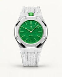 White textile-effect strap for AP x Swatch Royal Pop Green Eight, silver case (crown at 12 o'clock)
