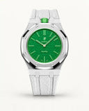 White textile-effect strap for AP x Swatch Royal Pop Green Eight, silver case (crown at 12 o'clock)