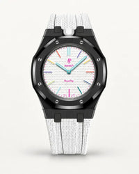 Cinturino effetto tessuto bianco per AP x Swatch Royal Pop Huit Blanc, cassa nera (corona a ore 12)