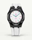 Cinturino effetto tessuto bianco per AP x Swatch Royal Pop Huit Blanc, cassa nera (corona a ore 12)