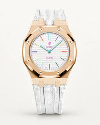 Cinturino effetto tessuto bianco per AP x Swatch Royal Pop Huit Blanc, cassa oro rosa (corona a ore 12)