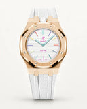 Cinturino effetto tessuto bianco per AP x Swatch Royal Pop Huit Blanc, cassa oro rosa (corona a ore 12)