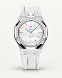 Cinturino effetto tessuto bianco per AP x Swatch Royal Pop Huit Blanc, cassa argento (corona a ore 12)