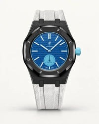 White textile-effect strap for AP x Swatch Royal Pop Làn Ba, black case (crown at 3 o'clock)