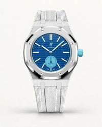 White textile-effect strap for AP x Swatch Royal Pop Làn Ba, silver case (crown at 3 o'clock)