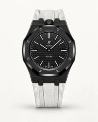 White textile-effect strap for AP x Swatch Royal Pop Ocho Negro, black case (crown at 12 o'clock)