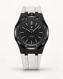 White textile-effect strap for AP x Swatch Royal Pop Ocho Negro, black case (crown at 12 o'clock)