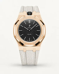 White textile-effect strap for AP x Swatch Royal Pop Ocho Negro, rose gold case (crown at 12 o'clock)