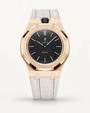 White textile-effect strap for AP x Swatch Royal Pop Ocho Negro, rose gold case (crown at 12 o'clock)