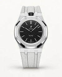 White textile-effect strap for AP x Swatch Royal Pop Ocho Negro, silver case (crown at 12 o'clock)