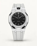 White textile-effect strap for AP x Swatch Royal Pop Ocho Negro, silver case (crown at 12 o'clock)