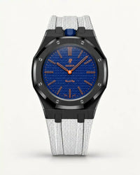 Cinturino effetto tessuto bianco per AP x Swatch Royal Pop Orenji Hachi, cassa nera (corona a ore 12)