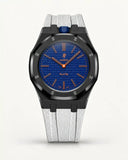 Cinturino effetto tessuto bianco per AP x Swatch Royal Pop Orenji Hachi, cassa nera (corona a ore 12)