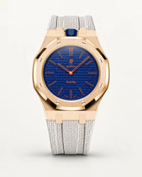Cinturino effetto tessuto bianco per AP x Swatch Royal Pop Orenji Hachi, cassa oro rosa (corona a ore 12)