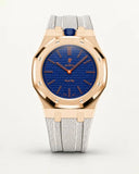 Cinturino effetto tessuto bianco per AP x Swatch Royal Pop Orenji Hachi, cassa oro rosa (corona a ore 12)