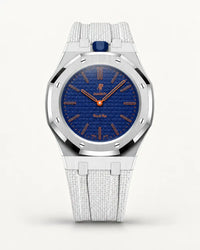 Cinturino effetto tessuto bianco per AP x Swatch Royal Pop Orenji Hachi, cassa argento (corona a ore 12)